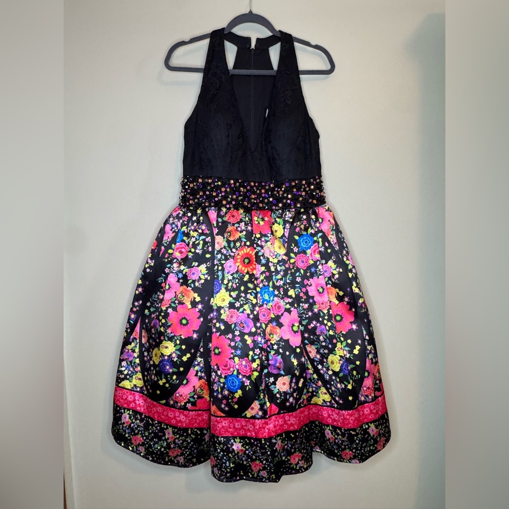 Mac Duggal Black Bodice Floral Prom Dress with Pink Accents